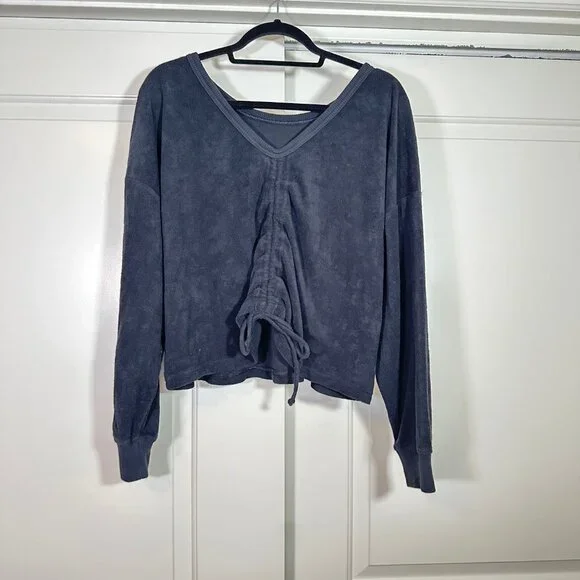 Aerie Towel Terry Cloth Cinched Reversable Sweatshirt in Black - Large - Picture 7 of 14